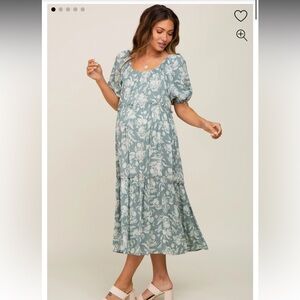 Pink Blush Maternity Light Olive Floral Tiered Short Sleeve Maternity Midi Dress